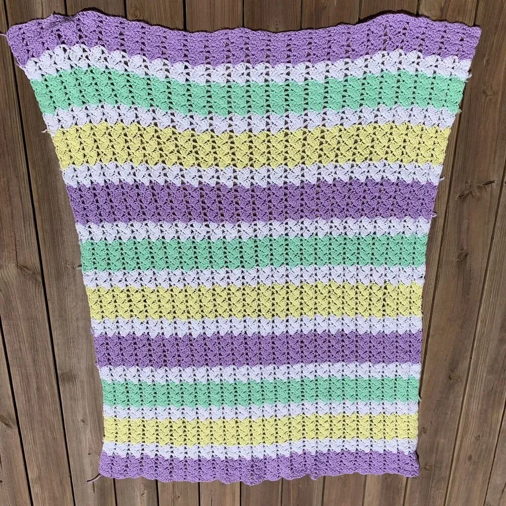 Afghan Blanket Knit Handmade Crochet Baby Throw Vintage 45” x 57” Pastel Colors